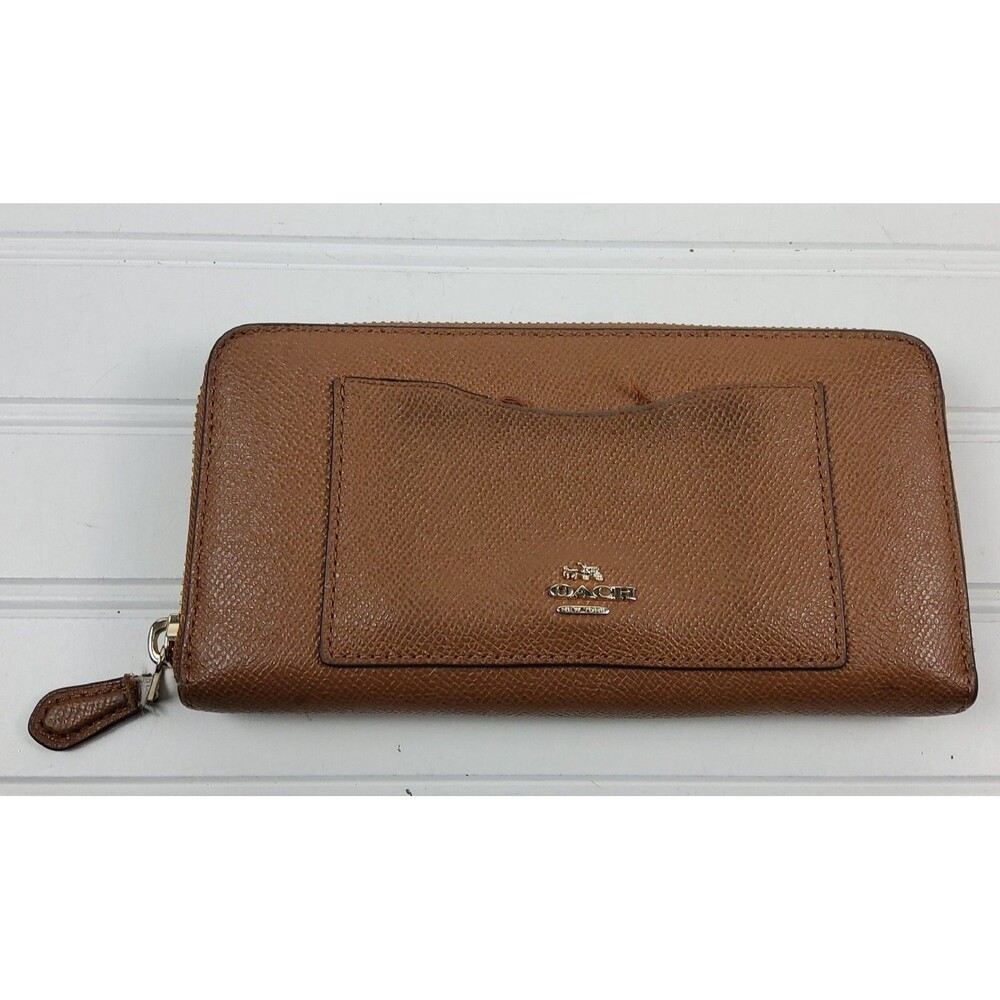Coach Leather Zip Around Pocket Wallet Brown DAMAGED